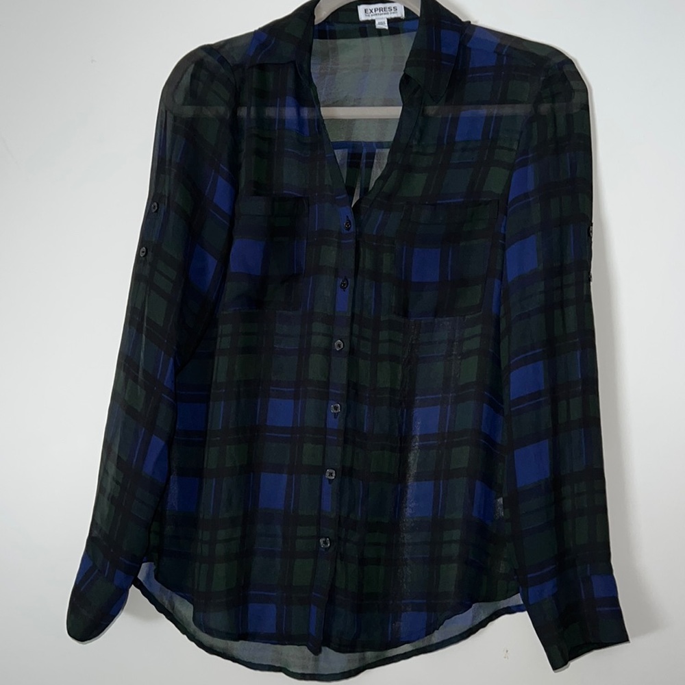 Small Express The Portfolio Shirt.  Royal Blue, Green & Black Button Down Shirt